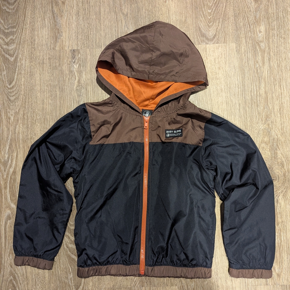 Brown and Black Hooded Spring Jacket with Orange Lining